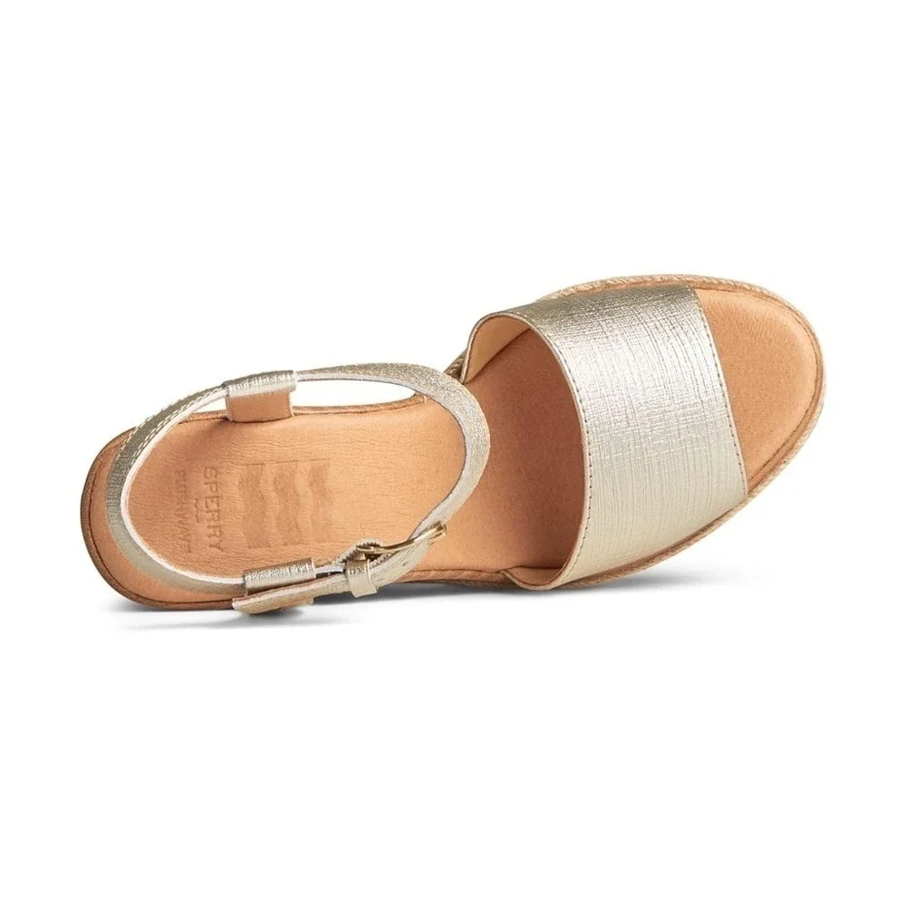Sperry Sz 7 Gold Leather Espadrille Ankle Strap Open Toe Ankle Strap Shoes